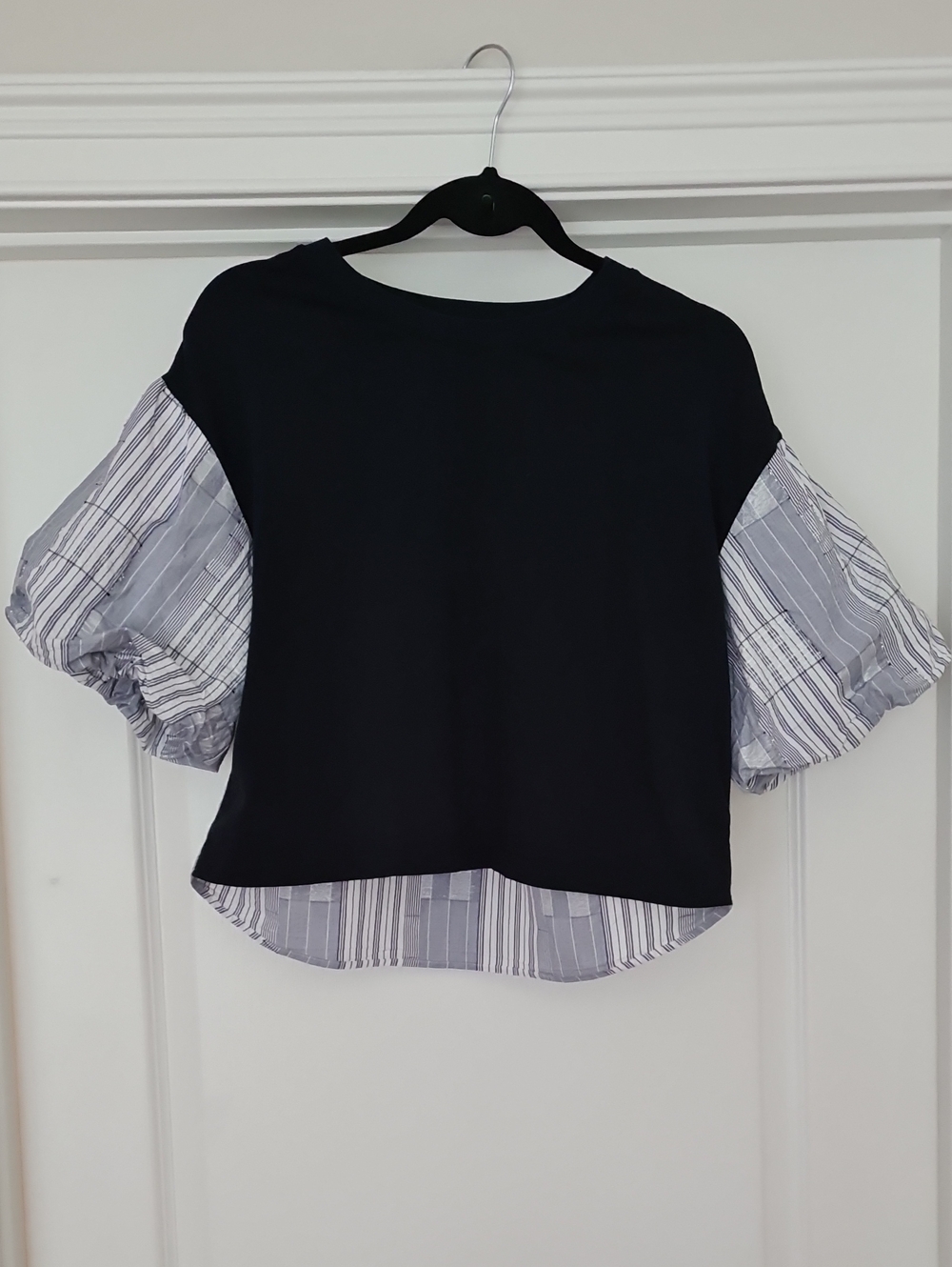 Ramy Brook Cotton Navy Pullover Top with Striped Puff Sleeves